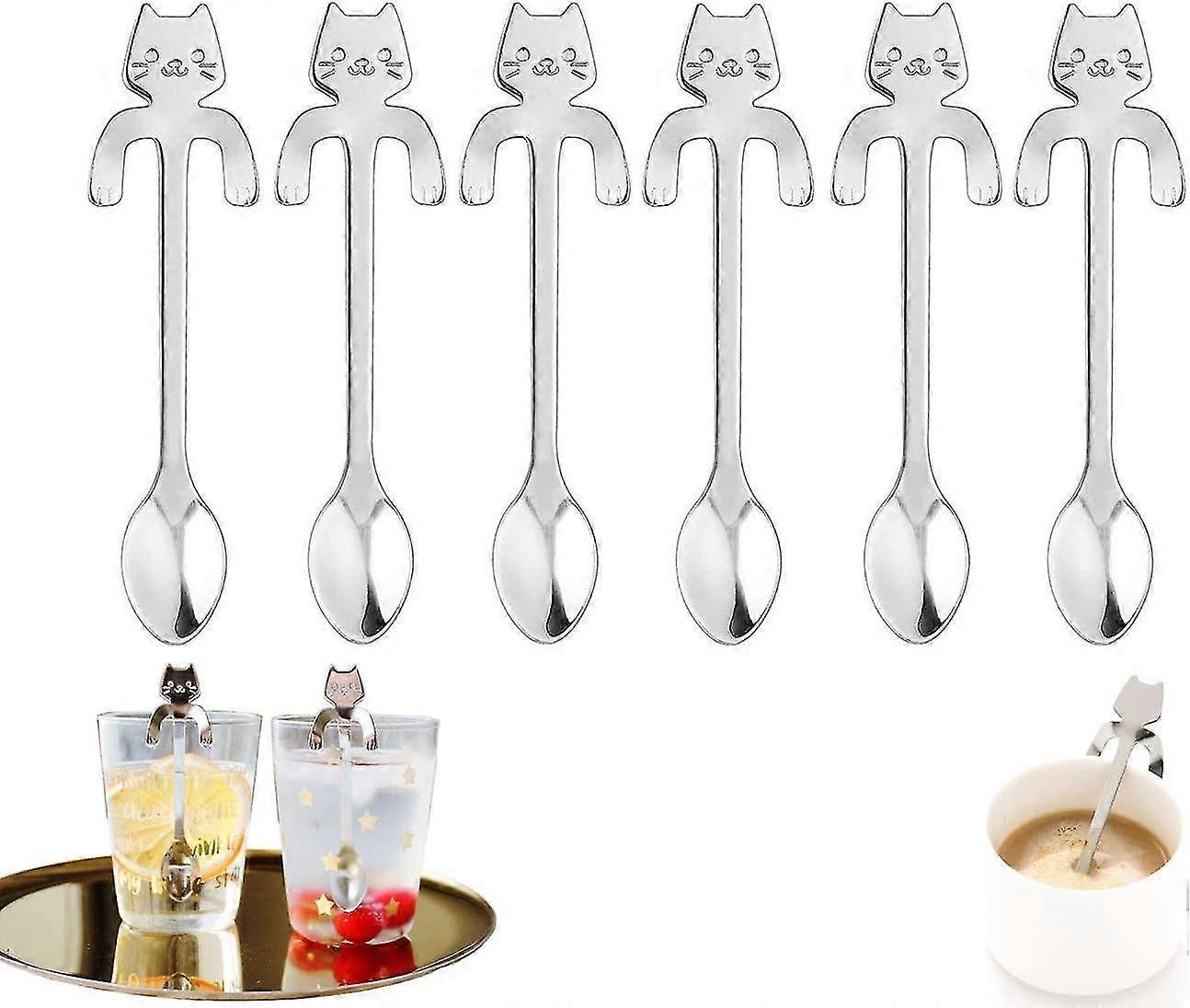 6 sztuk kota ze stali nierdzewnej otwartej, łyżeczka deserowa z wiszącym wzorem dla kotów, używana do picia wody Herbata Mleko Kawa Deser Picie