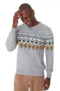 Trendyol Męska bluza z okrągłym dekoltem w etniczny wzór slim sweter, szary, XXL - Swetry męskie - miniaturka - grafika 1