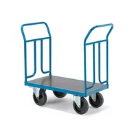 Wózki magazynowe - Wózek platformowy TRANSFER, 2 burty stalowe, 900x500 mm, guma elastyczna, z hamulcami - miniaturka - grafika 1