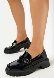 Czarne Mokasyny z Lakierowanej Ekoskóry Ozdobione Klamrami Ceriona - Mokasyny damskie - miniaturka - grafika 1