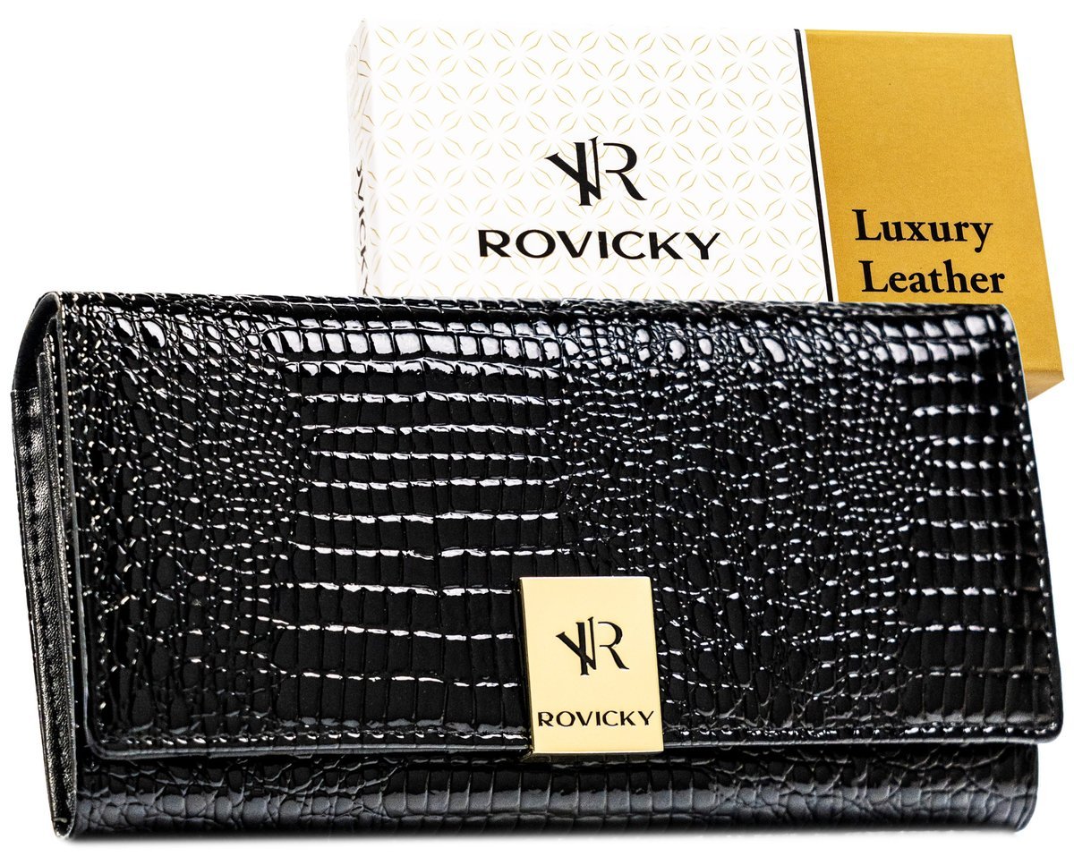 Elegancki skórzany portfel damski ROVICKY rozbudowany na zatrzask duży lakierowany ochrona RFID STOP czarny