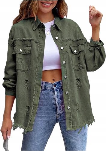 Modna Koszula Damska Kurtka Jeansowa Casualowa Luźna Bluza Zielona Green