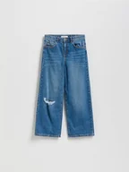 Spodnie i spodenki dla dziewczynek - Reserved - Jeansy wide leg z przetarciem - niebieski - miniaturka - grafika 1