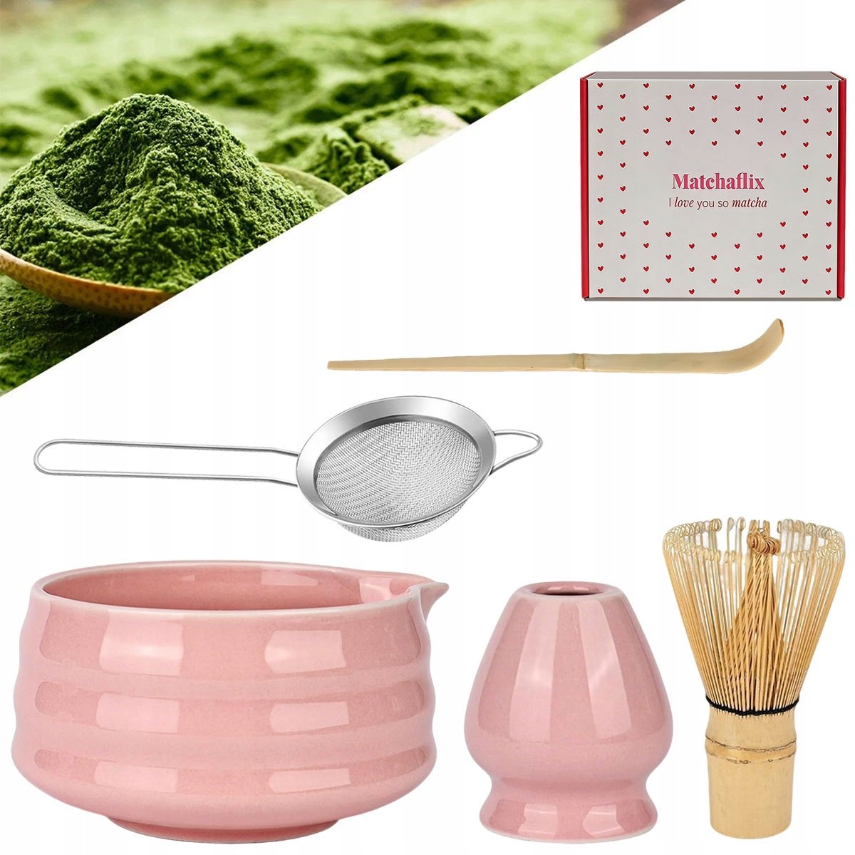 5W1 Zestaw do Matchy – Miska i Miotełka, Zestaw Startowy Różowy