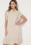 Sukienki - Beżowa Sukienka Koszulowa z Guzikami i Falbankami Tenalena - miniaturka - grafika 1