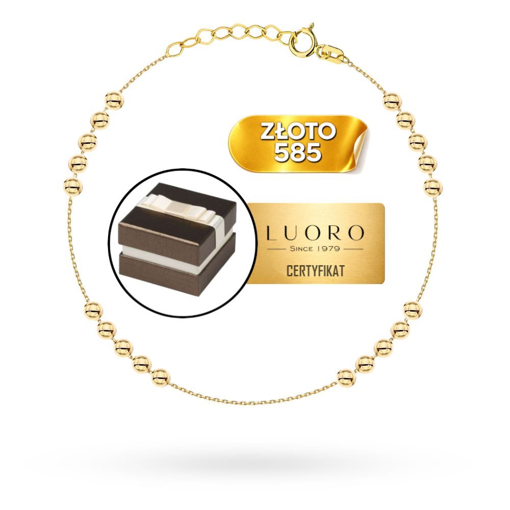 BRANSOLETKA ZŁOTA 585 14K KULKI GŁADKIE ŻÓŁTE ZŁOTO 17 CM REGULOWANA