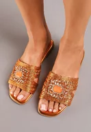 Klapki i japonki damskie - Pomarańczowe Płaskie Klapki z Ekoskóry z Ozdobnymi Kamieniami Zadina - miniaturka - grafika 1