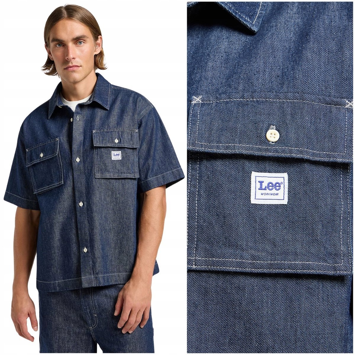 Lee WORKWEAR SHIRT bardzo luźna koszula jeansowa męska krótki rękaw M