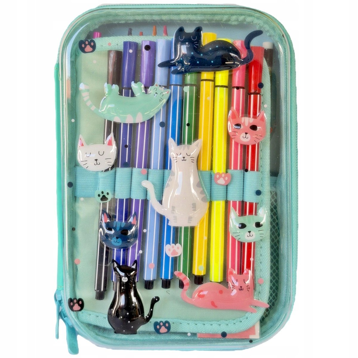 Piórnik Szkolny z Wyposażeniem Silikonowy Przeźroczysty w Kotki Kayet
