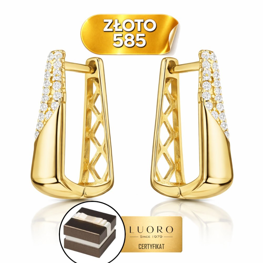 KOLCZYKI ZŁOTE 585 14K Z CYRKONIAMI AŻUROWE 15 MM ANGIELSKIE ZAPIĘCIE