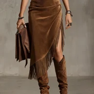 Spódnice - TEMU Damska spódnica w stylu western z asymetrycznymi frędzlami, dopasowana, długa, YTD - miniaturka - grafika 1