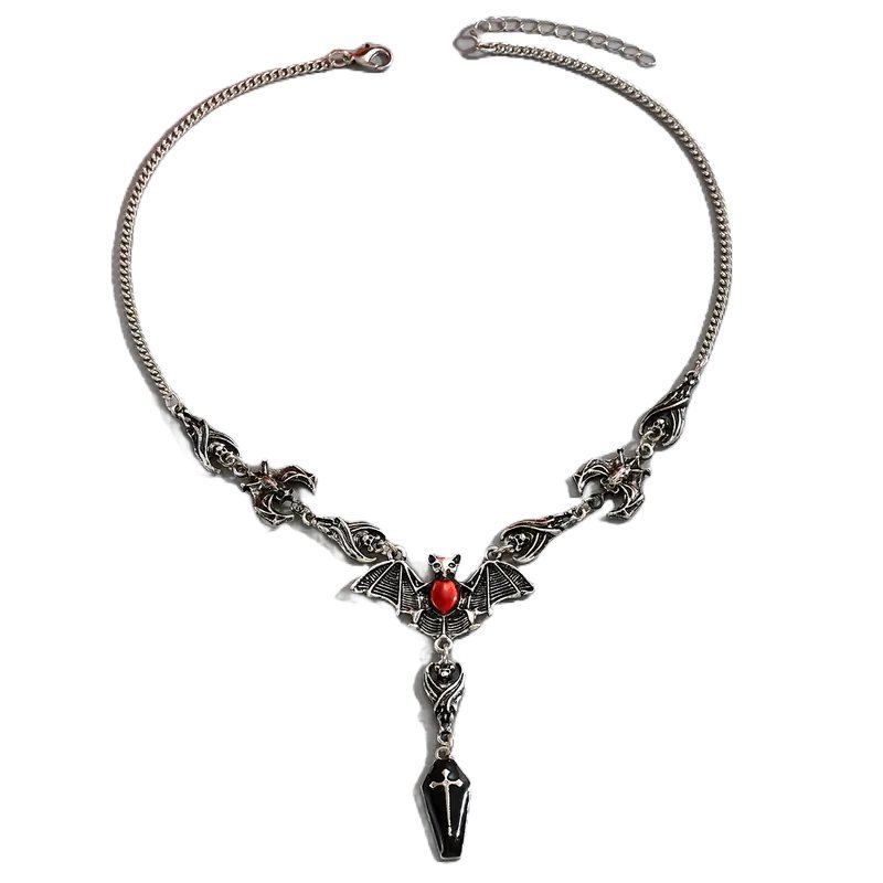 Gotycki Naszyjnik z Nietoperzami i Zawieszką Trumny Srebrny z Czerwonym