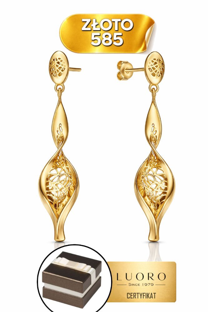 KOLCZYKI ZŁOTE 585 14K AŻUROWE ZDOBIENIE ZAKRĘCANE 3,7 CM ELEGANCKIE