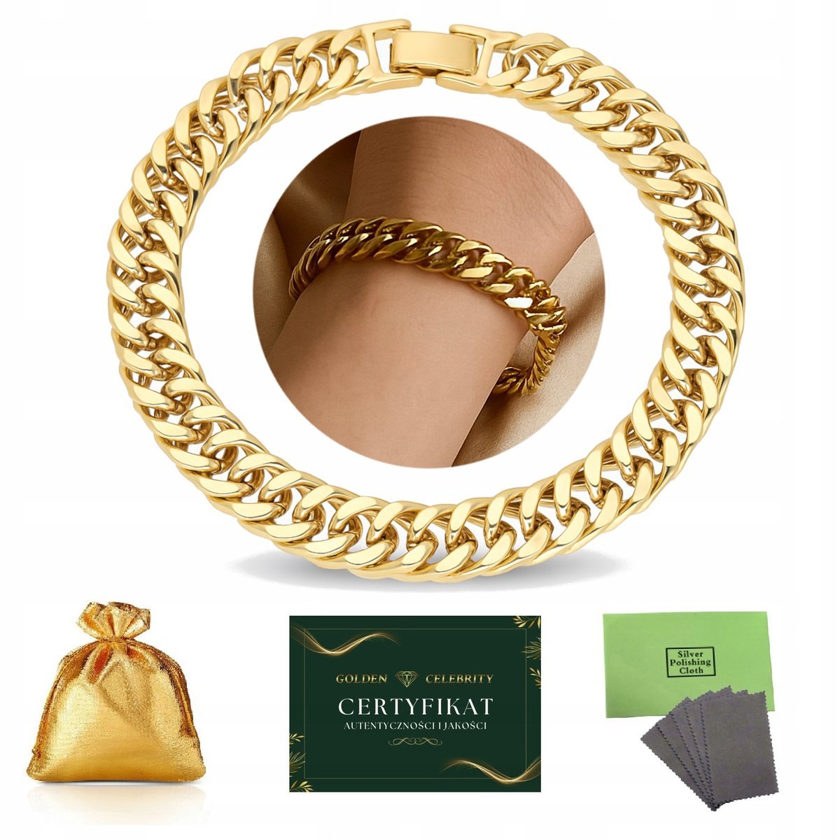 GRUBA POZŁACANA BRANSOLETKA DAMSKA PANCERKA 19,5 CM 9 MM STAL CHIRURGICZNA