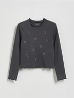 Bluzki dla dziewczynek - Reserved - Prążkowana koszulka z haftem - ciemnoszary - miniaturka - grafika 1