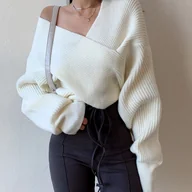 Swetry damskie - TEMU Elegancki Sweter z Odkrytymi Ramionami i Rękawami Batwing dla Kobiet - Asymetryczny Dołek, Luźny Krój, Krótki Długość, Średnia Elastyczność, - miniaturka - grafika 1