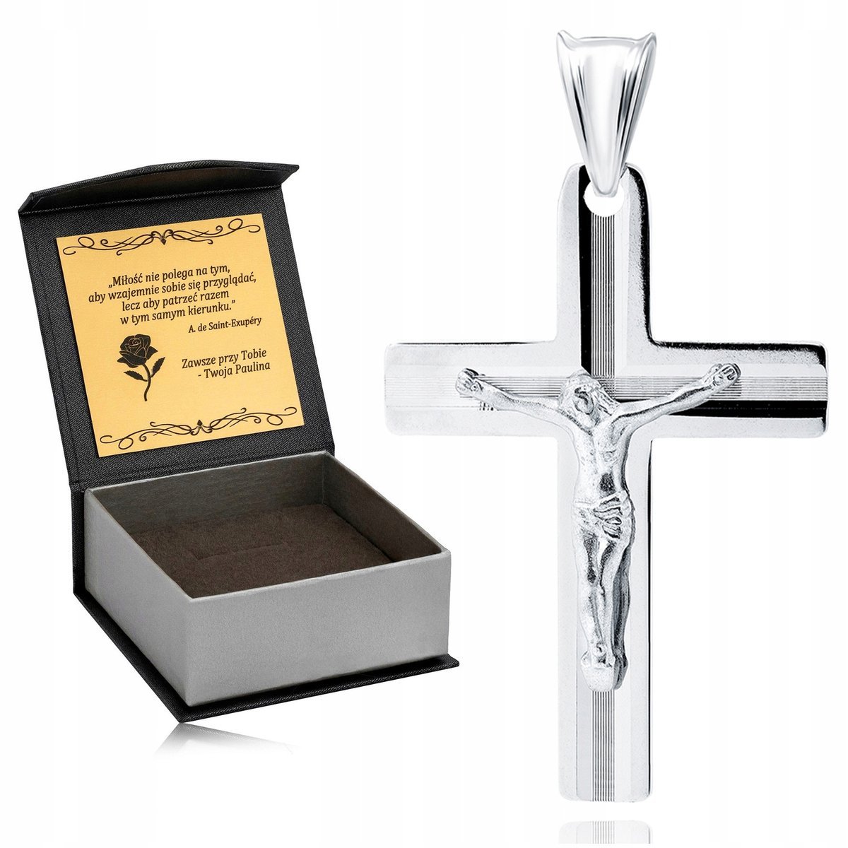 DUŻY DAMSKI SREBRNY DIAMENTOWANY KRZYŻYK 925 RODOWANY KRZYŻ JEZUS + GRAWER