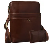 Torby męskie - Torebka męska na co dzień skórzana PETERSON mała miejska listonoszka saszetka na ramię elegancka minimalistyczna modna brązowa + etui na klucze - miniaturka - grafika 1