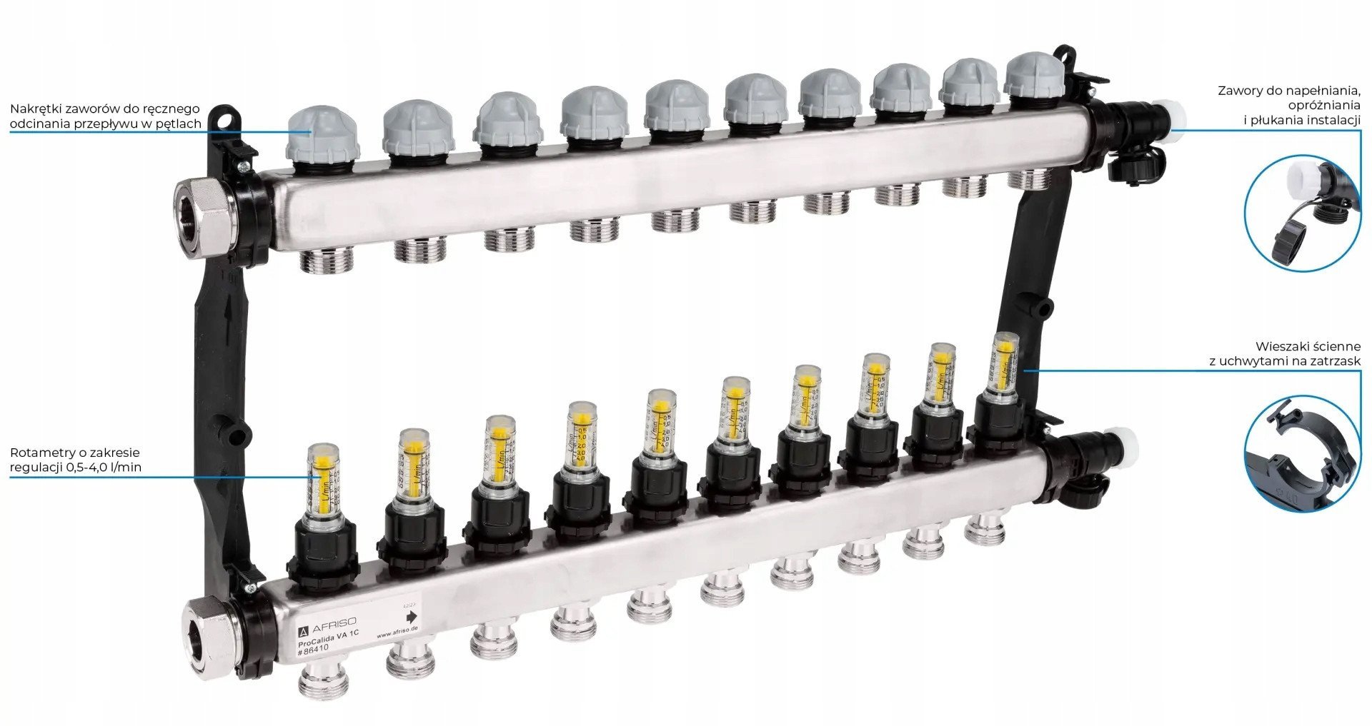 Afriso Rozdzielacz ProCalida VA 1C ze stali nierdzewnej, 10 obiegów, nakrętki G1'', 0,5 - 4,0 l/minA