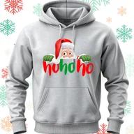 Bluzy męskie - Bluza uniwersalna typu kangurka z kapturem Ho Ho Ho Mikołaj rozmiar 2XL jasnoszara świąteczna - miniaturka - grafika 1