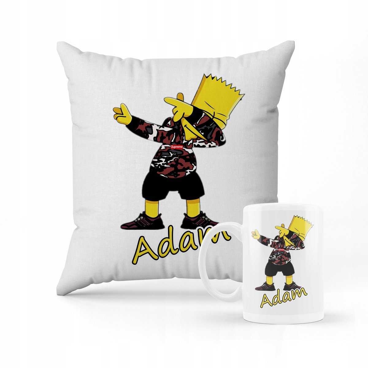 ZESTAW PODUSZKA + KUBEK PREZENT DLA DZIECKA SIMPSONOWIE SIMPSON + IMIĘ
