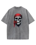 Koszulki i topy damskie - Koszulka oversize efekt sprania Piracka Czaszka Kwiat szary XL - miniaturka - grafika 1