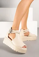 Sandały damskie - Beżowe Sandały na Koturnie ze Skórzaną Wkładką i Geometryczną Cholewką Sopessa - miniaturka - grafika 1