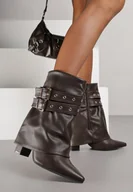 Botki damskie - Brązowe Botki Typu Kowbojki na Obcasie z Wywiniętą Cholewką i Klamrami Cidvire - miniaturka - grafika 1