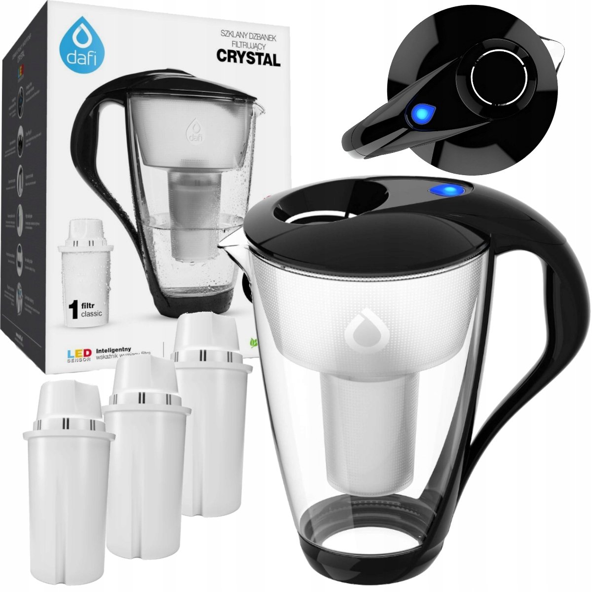 Czarny Dzbanek filtrujacy Dafi Crystal szklany 3 Wkłady filtry Classic
