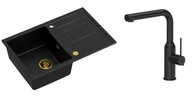 Zlewozmywaki z baterią - Quadron Zlewozmywak granitowy jednokomorowy 78*50*22 cm z ociekaczem MORGAN 111 PURE CARBON czarny ze złotym odpływem z baterią ANGELINA Q LINE PURE CARBON z wyciąganą wylewką kolor czarny - miniaturka - grafika 1