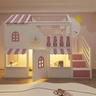 Łóżka dla dzieci i młodzieży - Łóżko piętrowe 90 x 200 cm z oknami, dachem, baldachimem i drzwiczkami - sosna + sklejka + MDF - LED - różowo-biały (bez materaca) - miniaturka - grafika 1