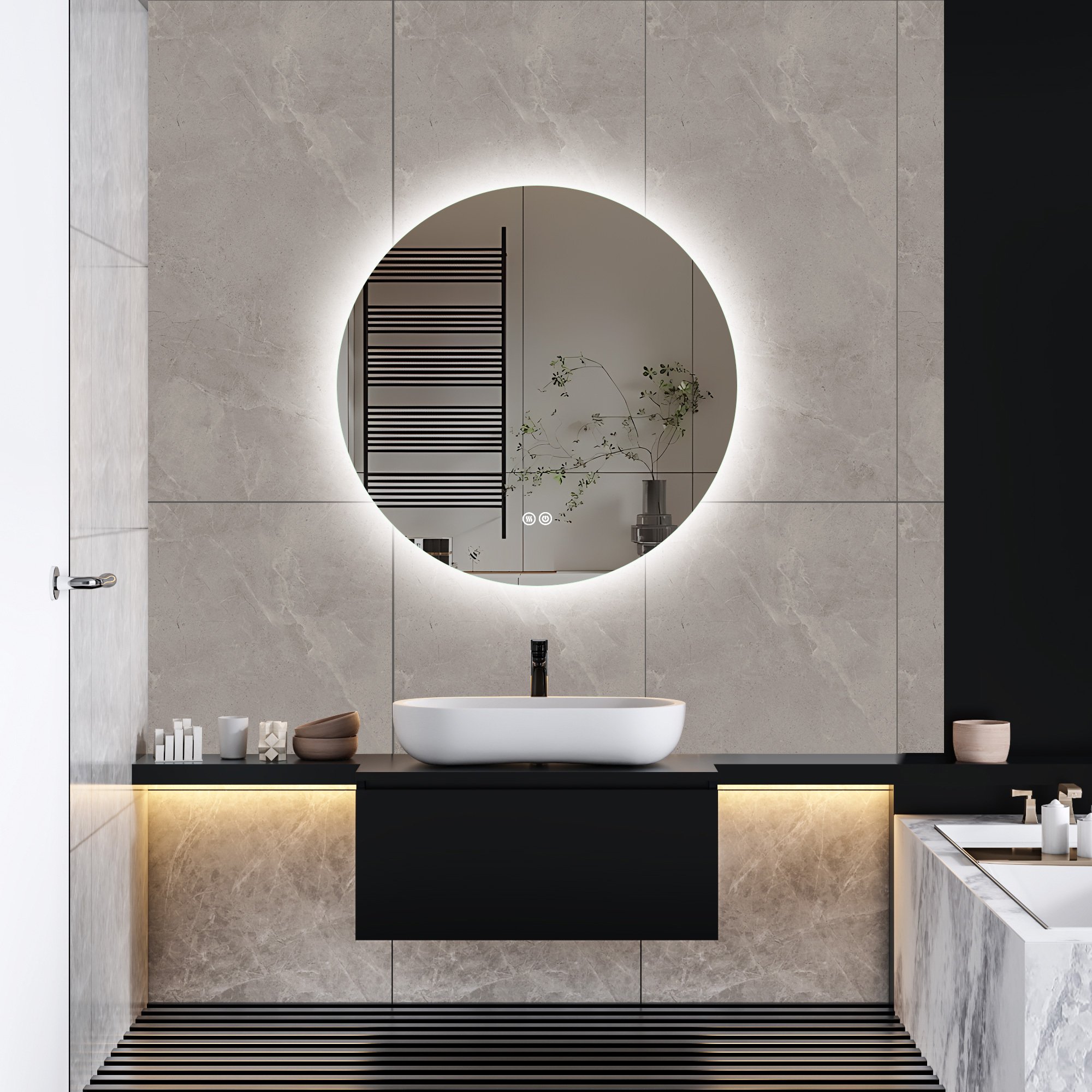 Lustro łazienkowe z oświetleniem Okrągłe lustro ścienne LED 60 cm Okrągłe 3000K/4000K/6000K Dotykowe + ściemnialne + przeciwmgielne IP44 Wodoodporne Łatwy montaż Lustro łazienkowe z oświetleniem Energooszczędne