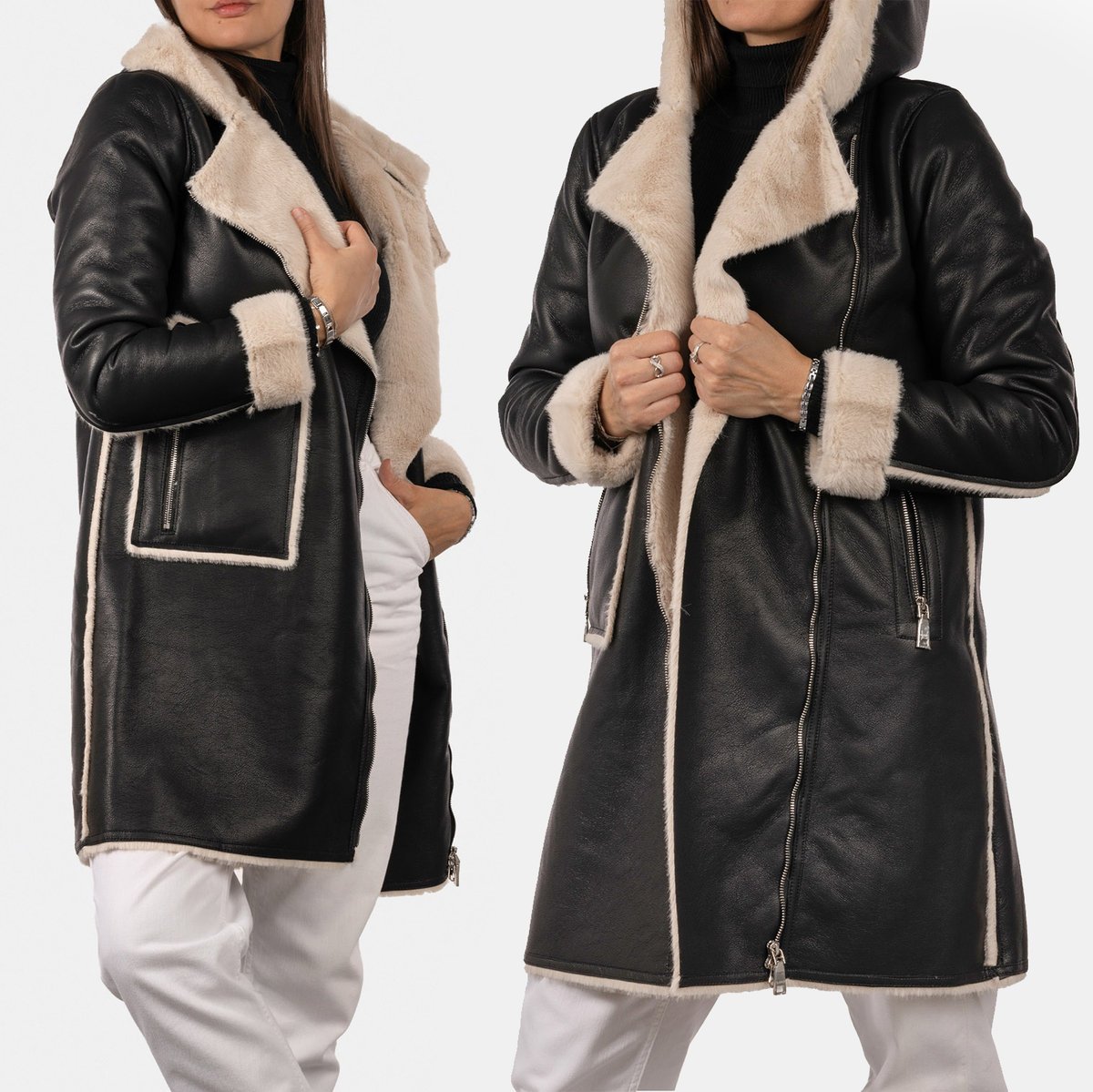 Płaszcz Damski Eko Skóra Kurtka Czarna z futerkiem K-5-2024 L Czarny