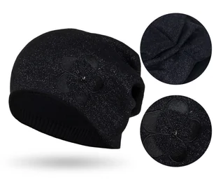 PETERSON czapka zimowa beanie damska czarna z haftem i kryształkami - Czapki damskie - miniaturka - grafika 1