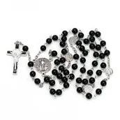 Różańce - Męski różaniec, na I Komunię Św. czarny agat, krzyżyk Benedykta, RĘKODZIEŁO - miniaturka - grafika 1