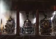 Plakaty - Steam locomotives in the roundhouse of the Durango &amp; Silverton Narrow Gauge Scenic Railroad in Durango, Colorado., Carol Highsmith - plakat 60x40 - miniaturka - grafika 1