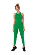 Spodnie damskie - Prążkowane Legginsy z Logowaną Naszywką - Zielone - miniaturka - grafika 1