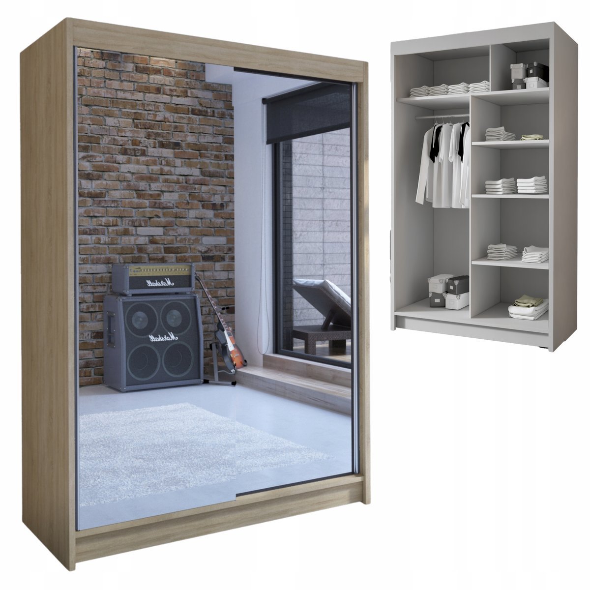 SZAFA przesuwna garderoba drążek półki 120 cm LENA X 2X LUSTRO