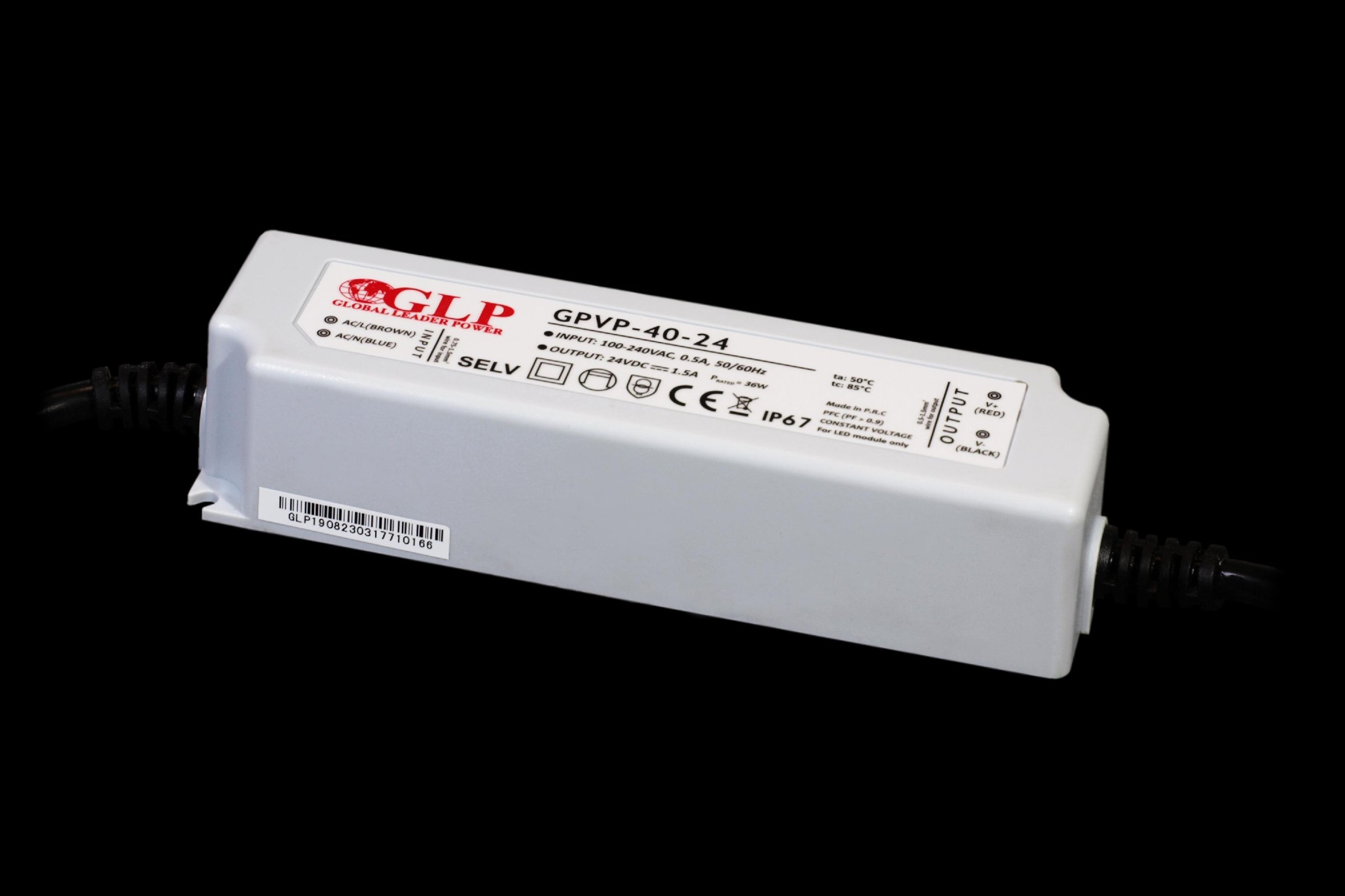 GLP GPVP-40-24: Psu: 24V/1.7A, CV, Pfc, IP67, plastic case, double insulati
