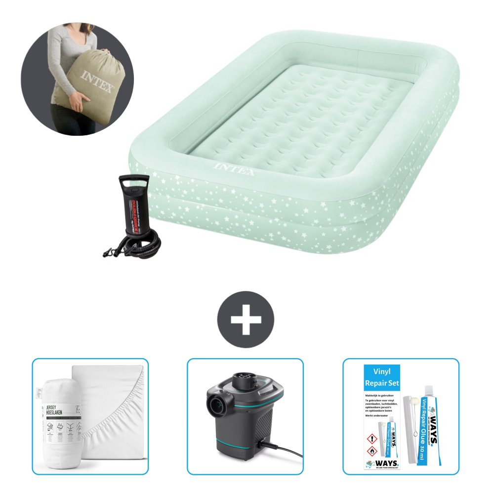 Materac dmuchany Intex Kidz - 1 osoba - 107 x 168 x 25 cm - Miętowa zieleń - W zestawie pompka - prześcieradło - pompka i zestaw naprawczy