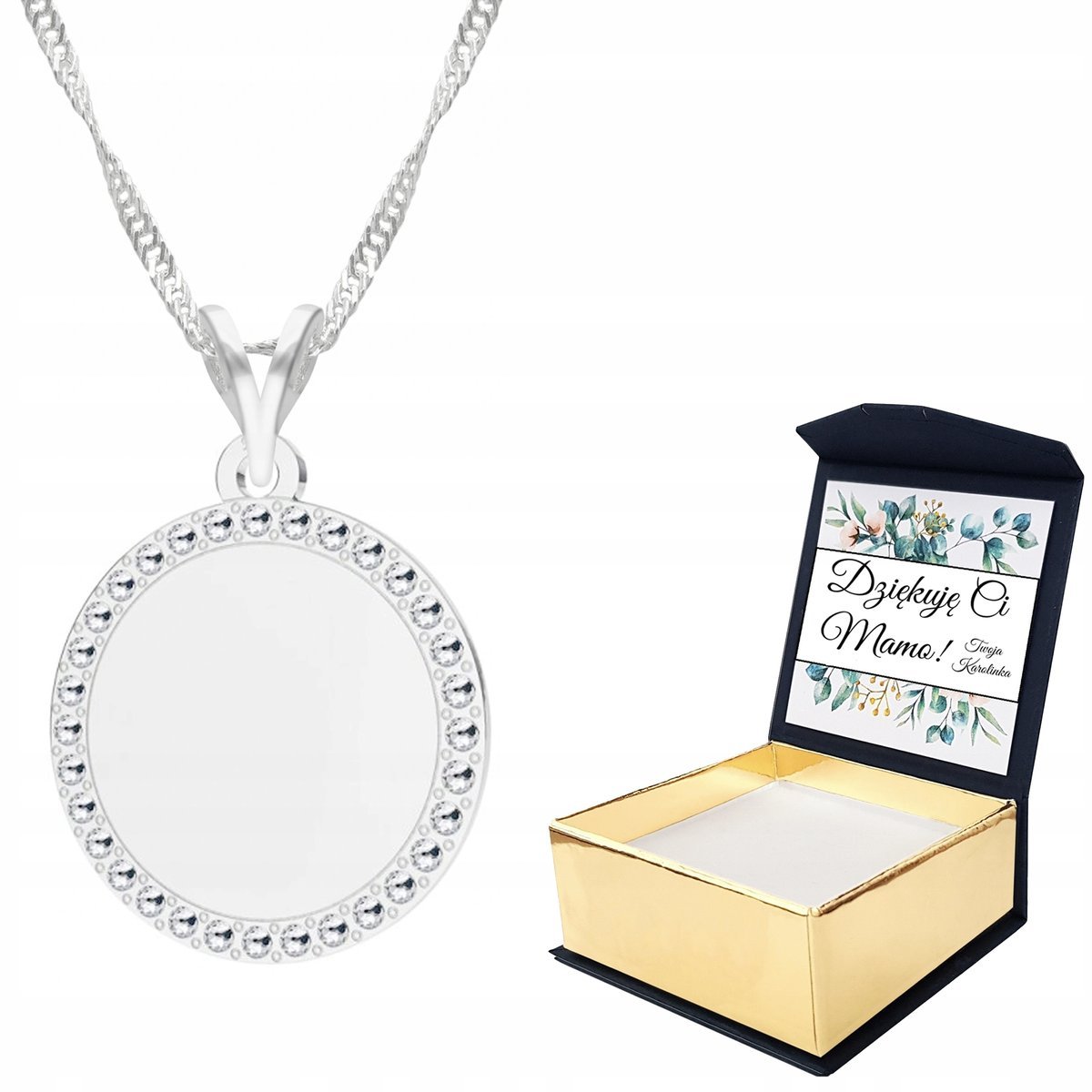 Naszyjnik srebrny Kółko Kryształki + WŁASNY NADRUK