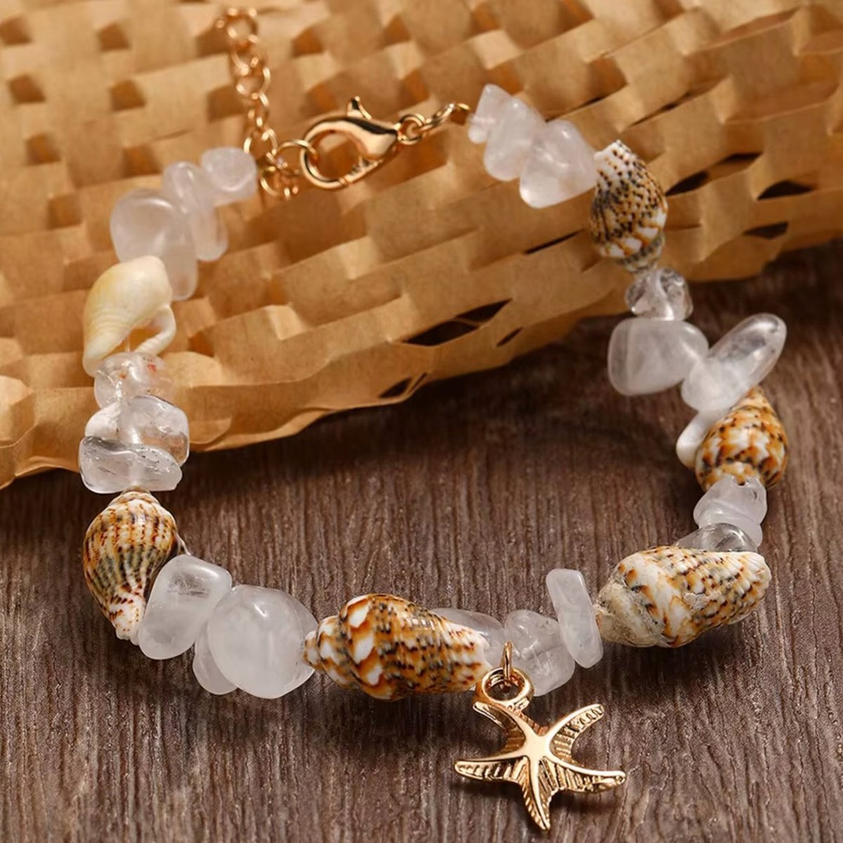 Biała Złota Przezroczysta Bransoletka Muszelki Kamienie Summer Shells