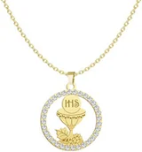 Biżuteria religijna - Pozłacany Naszyjnik Hostia z Kielichem I KOMUNIA ŚWIĘTA GRAWER - miniaturka - grafika 1