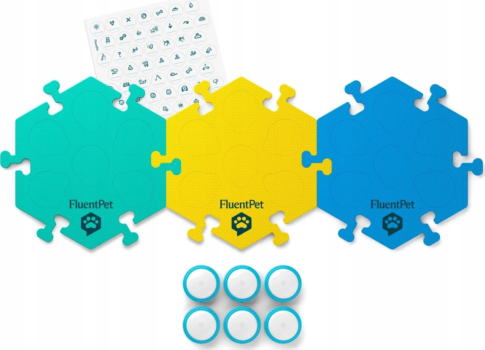 FluentPet - Connect Get Started Expansion Kit - zestaw 6 przycisków z piankowymi matami oraz naklejkami do komunikacji z psem / kotem do systemu Connect
