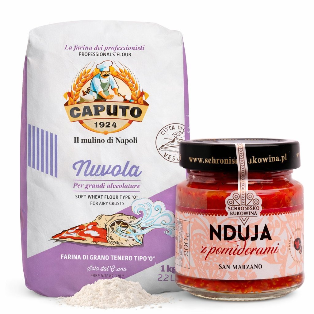 Zestaw do pizzy mąka Nuvola Caputo 1 kg + Nduja Schronisko Bukowina 200 g