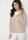 Kurtki damskie - Ciemnobeżowa Kurtka z Odpinanym Kapturem Pikowana Ariobia - miniaturka - grafika 1