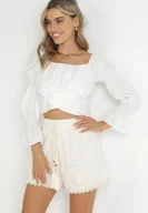 Spodenki damskie - Beżowe Haftowane Szorty z Wysokim Stanem i Gumką w Pasie Kelle - miniaturka - grafika 1