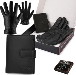 Beltimore Zestaw męski skórzany portfel pionowy rękawiczki czarne Beltimore T91 - Rękawiczki - miniaturka - grafika 1