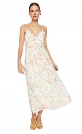 TRENDYOL SUKIENKA MIDI W KWIATY NA RAMIĄCZKACH Z KORONKĄ 42 5AA