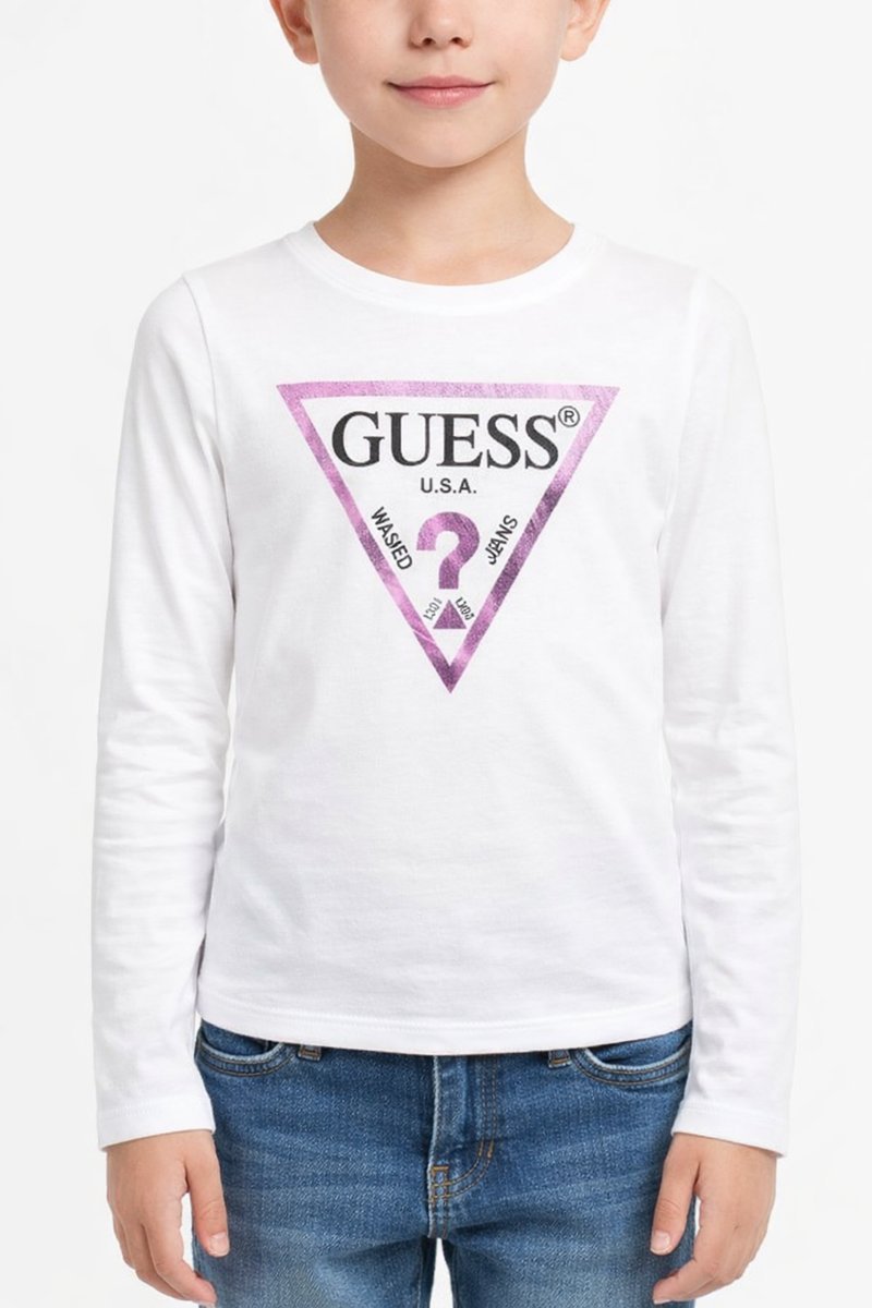 GUESS BIAŁA BLUZKA DZIEWCZĘCA Z DŁUGIM RĘKAWEM RÓŻOWE LOGO 122-125CM 1I3A